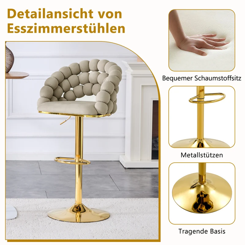 Lot de 2 tabourets de bar en velours gris dossier tréssé chaîne, hauteur réglable, pied doré BOOKCASEFLOW