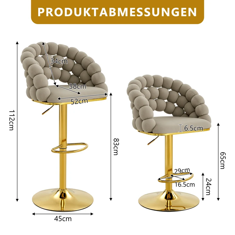 Lot de 2 tabourets de bar en velours gris dossier tréssé chaîne, hauteur réglable, pied doré BOOKCASEFLOW