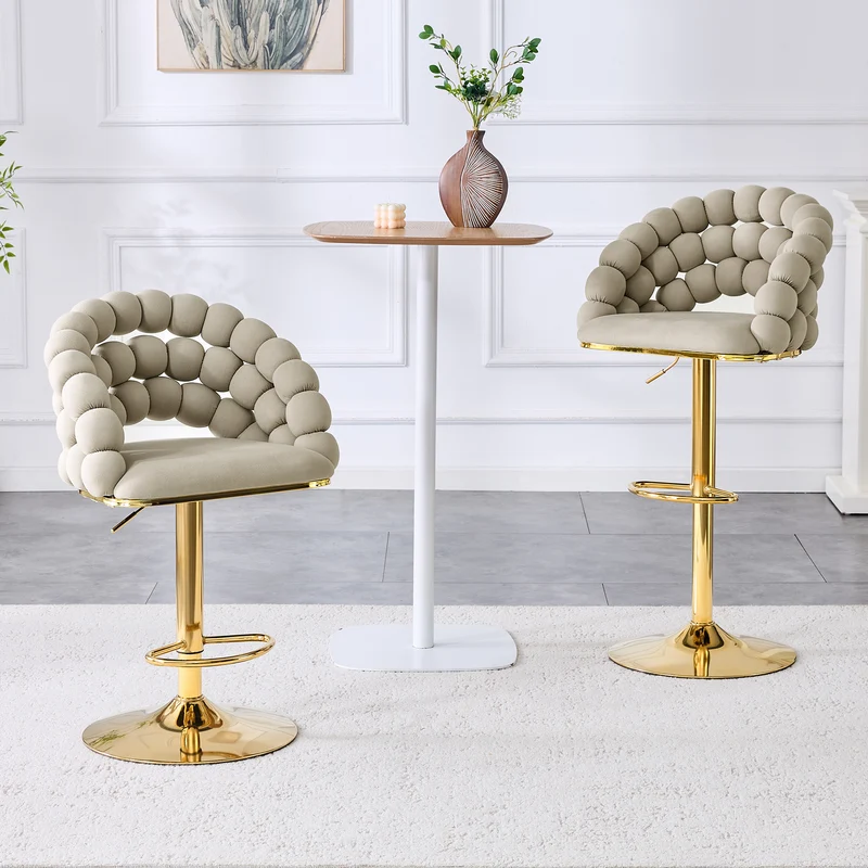 Lot de 2 tabourets de bar en velours gris dossier tréssé chaîne, hauteur réglable, pied doré BOOKCASEFLOW