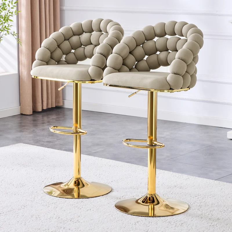 Lot de 2 tabourets de bar en velours gris dossier tréssé chaîne, hauteur réglable, pied doré BOOKCASEFLOW