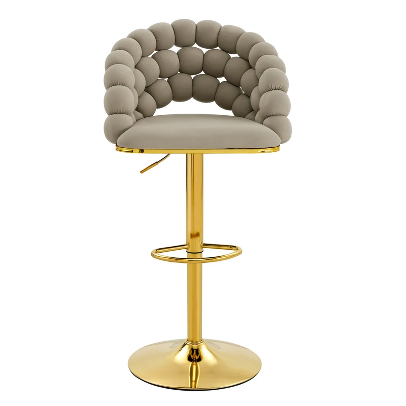 Lot de 2 tabourets de bar en velours gris dossier tréssé chaîne, hauteur réglable, pied doré BOOKCASEFLOW