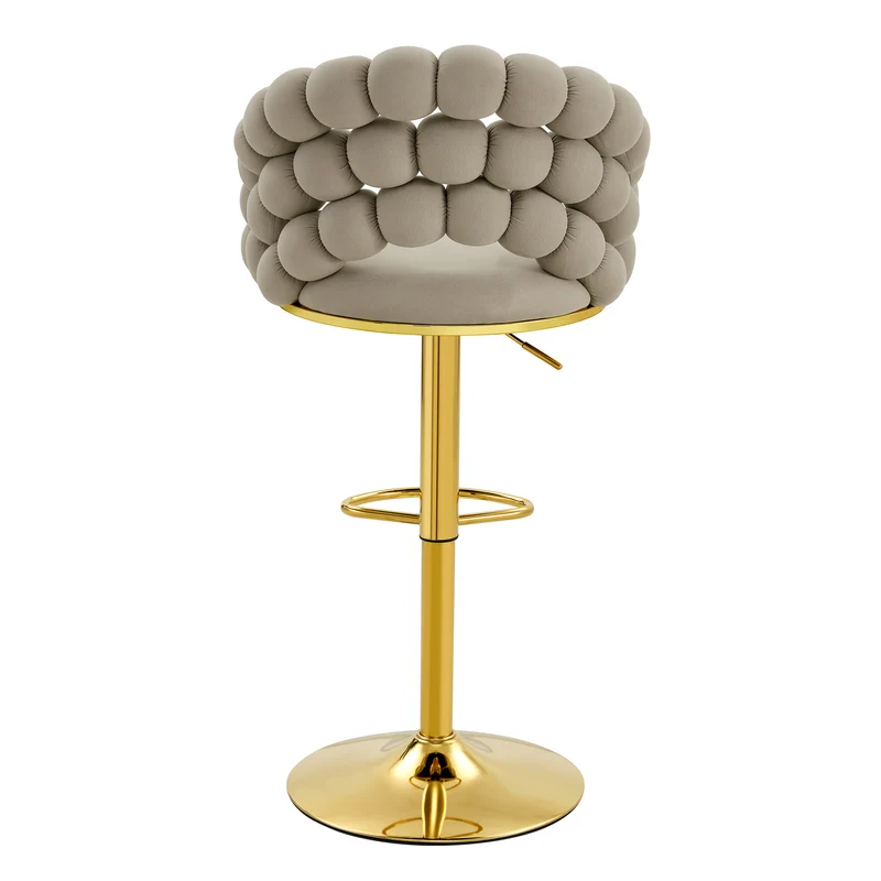 Lot de 2 tabourets de bar en velours gris dossier tréssé chaîne, hauteur réglable, pied doré BOOKCASEFLOW
