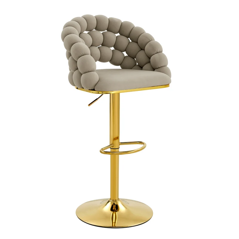 Lot de 2 tabourets de bar en velours gris dossier tréssé chaîne, hauteur réglable, pied doré BOOKCASEFLOW