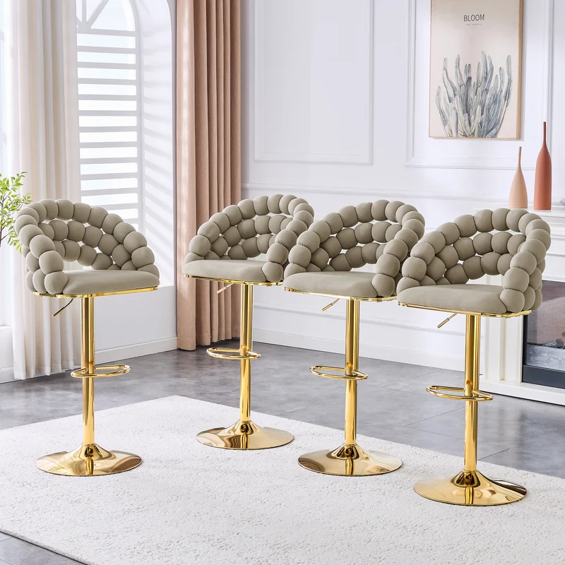 Lot de 2 tabourets de bar en velours gris dossier tréssé chaîne, hauteur réglable, pied doré BOOKCASEFLOW