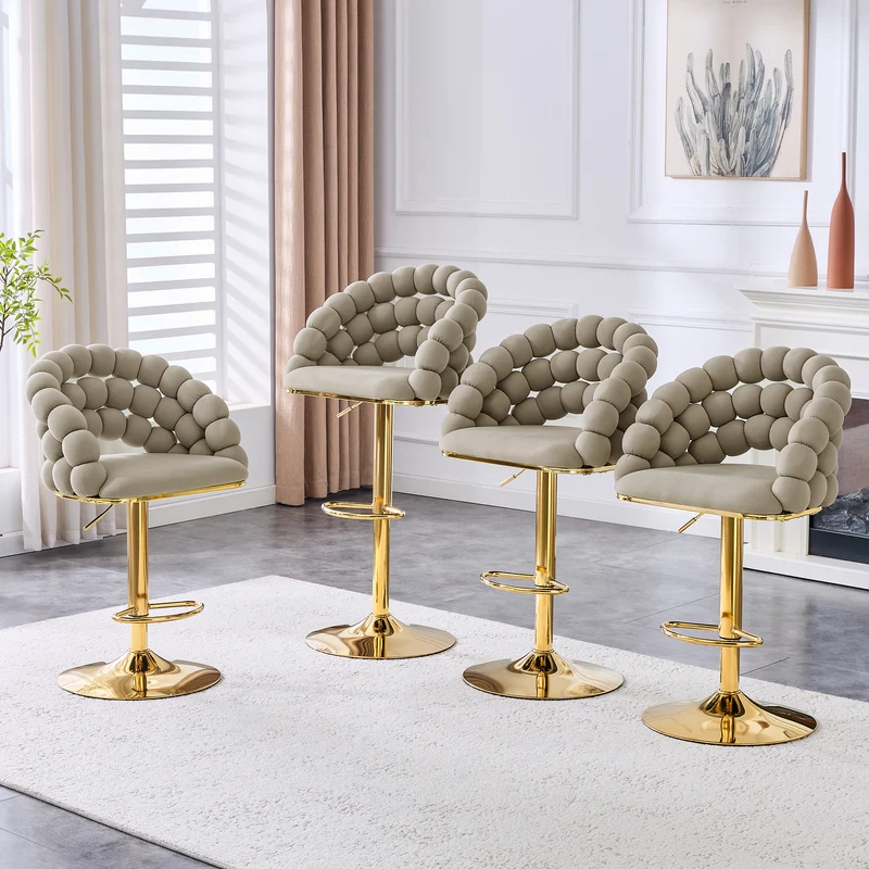 Lot de 2 tabourets de bar en velours gris dossier tréssé chaîne, hauteur réglable, pied doré BOOKCASEFLOW