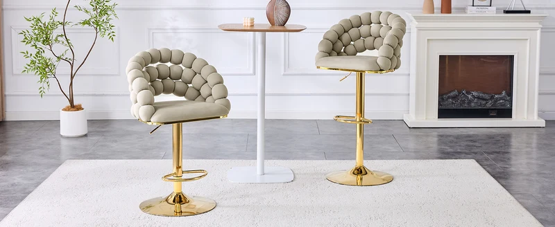 Lot de 2 tabourets de bar en velours gris dossier tréssé chaîne, hauteur réglable, pied doré BOOKCASEFLOW