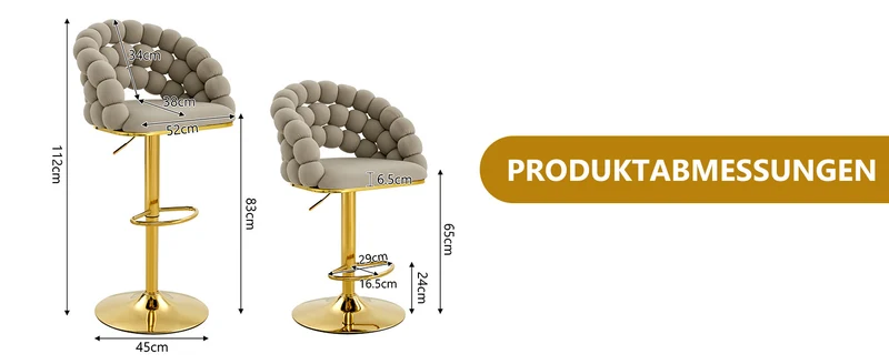 Lot de 2 tabourets de bar en velours gris dossier tréssé chaîne, hauteur réglable, pied doré BOOKCASEFLOW