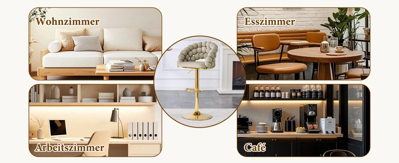 Lot de 2 tabourets de bar en velours gris dossier tréssé chaîne, hauteur réglable, pied doré BOOKCASEFLOW