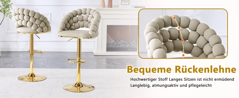 Lot de 2 tabourets de bar en velours gris dossier tréssé chaîne, hauteur réglable, pied doré BOOKCASEFLOW