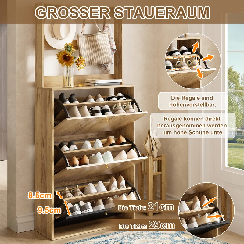 Meuble à chaussures grand, effet bois naturel & noir, 3 abattants avec crochets BENCHONE