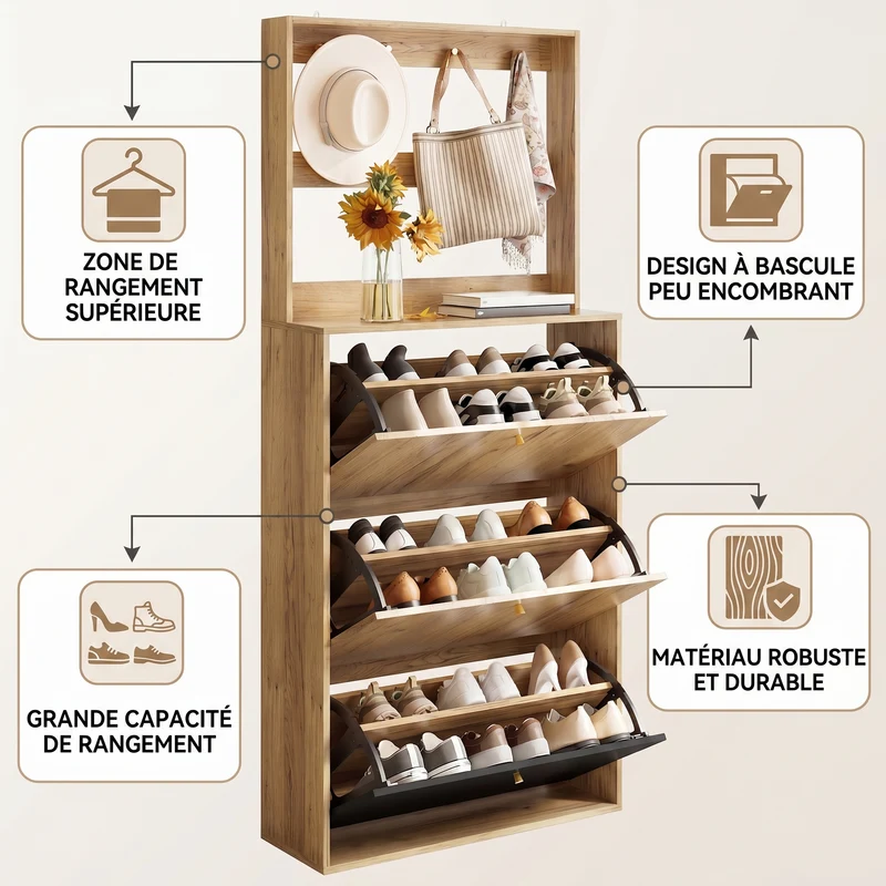 Meuble à chaussures grand, effet bois naturel & noir, 3 abattants avec crochets BENCHONE