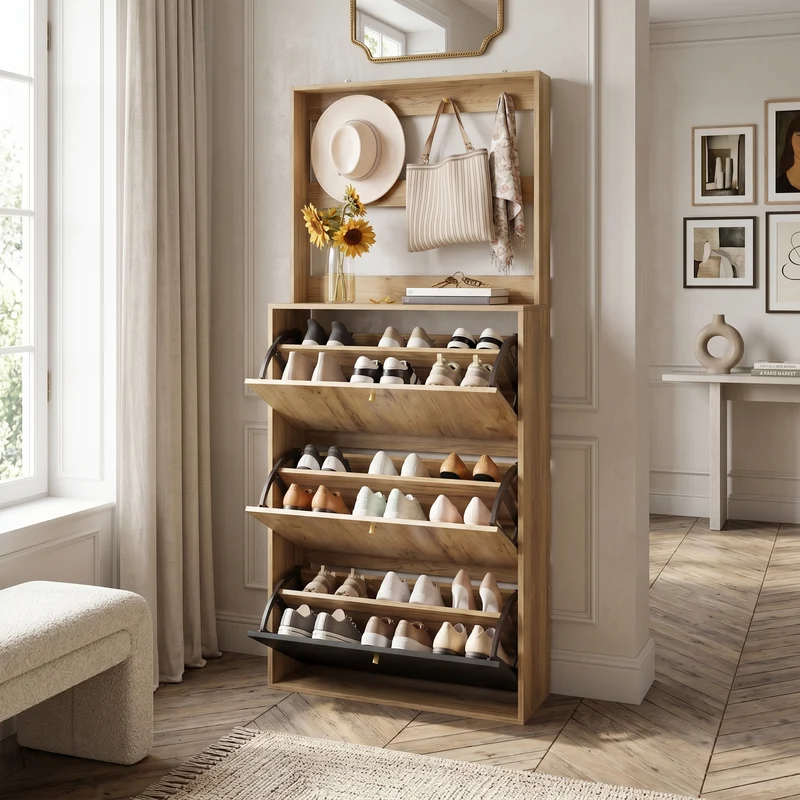 Meuble à chaussures grand, effet bois naturel & noir, 3 abattants avec crochets BENCHONE