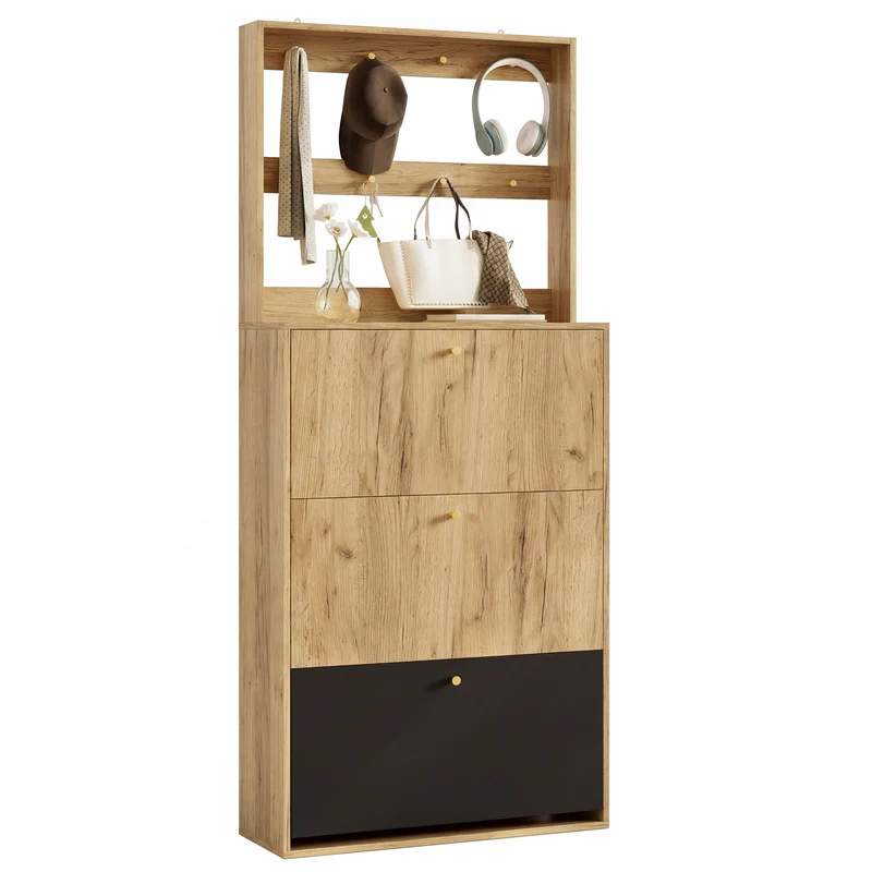 Meuble à chaussures grand, effet bois naturel & noir, 3 abattants avec crochets BENCHONE