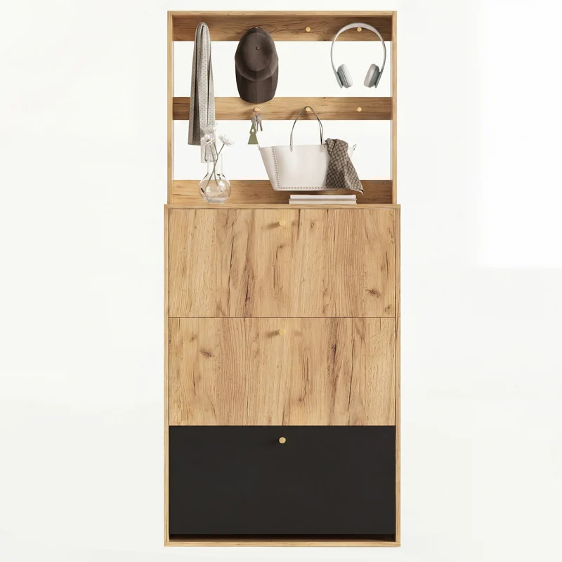 Meuble à chaussures grand, effet bois naturel & noir, 3 abattants avec crochets BENCHONE