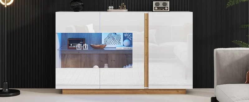 Buffet blanc brillance avec verre, 3 portes et éclairage LED 138*38*90.5cm ZECOIN