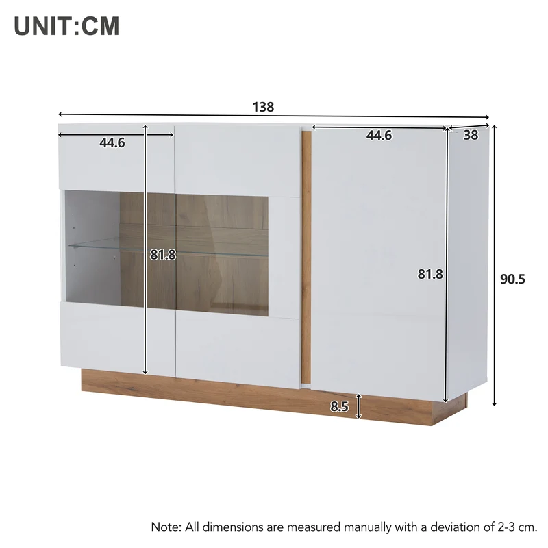 Buffet blanc brillance avec verre, 3 portes et éclairage LED 138*38*90.5cm ZECOIN