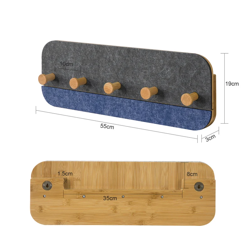 SoBuy FHK16-SG Porte-Manteau Mural Porte-Serviette Penderie Patère Murale avec 5 Crochets en Bambou et Feutre pour Vestibule, Entrée