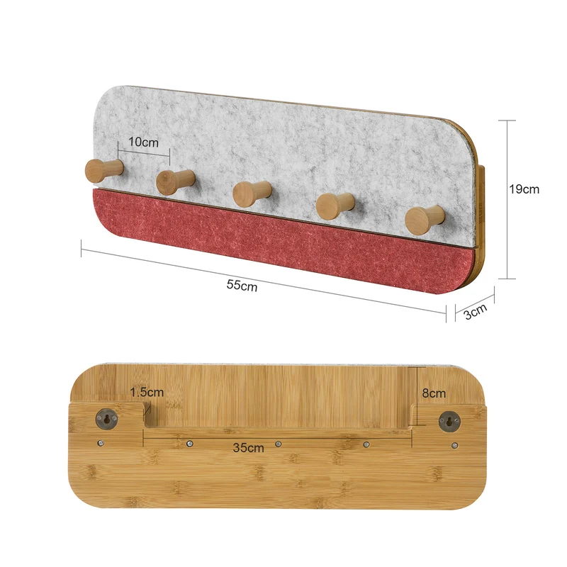 SoBuy FHK16-R Design Porte-Manteau Mural Porte-Serviette Penderie Patère Murale avec 5 Crochets en Bambou et Feutre pour Vestibule, Entrée