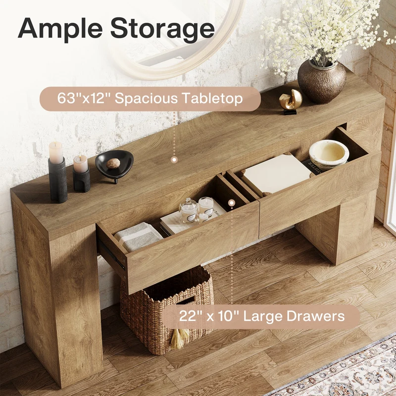 Tribesigns Table console 160 cm, Table basse d'entrée étroite avec 2 tiroirs