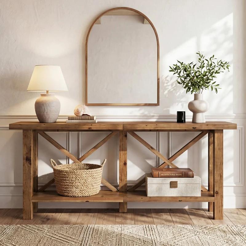 Console étroite de 180 cm, Table d'entrée à 2 niveaux en bois massif