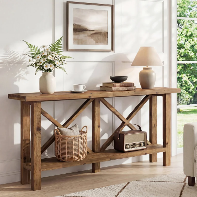 Console étroite de 180 cm, Table d'entrée à 2 niveaux en bois massif