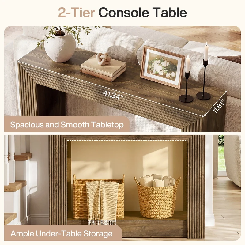 Tribesigns Console de style campagnard de 105 cm avec rangement, Table d'appoint étroite à 2 niveaux