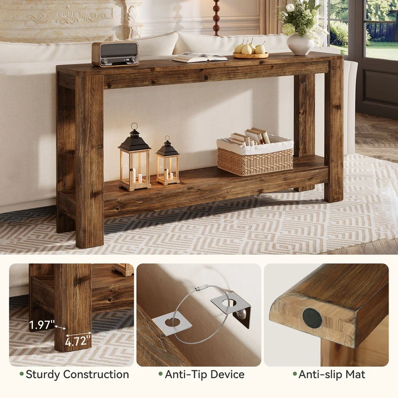 Tribesigns Console en bois massif de 160 cm, Table d'appoint étroite style ferme avec étagère