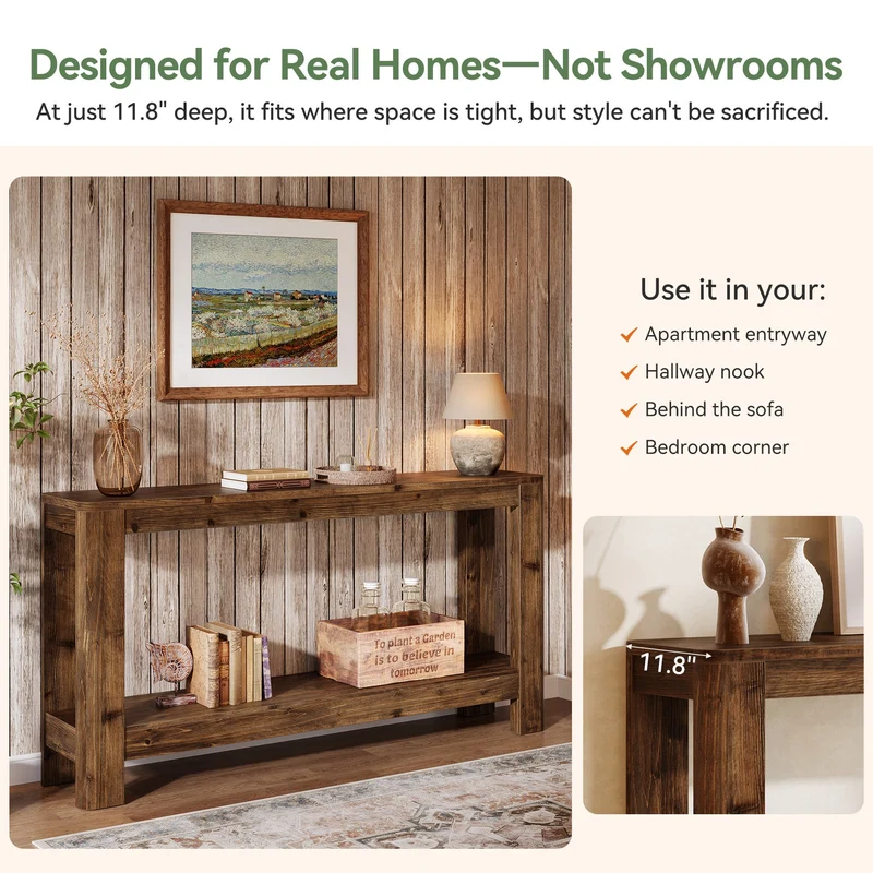 Tribesigns Console en bois massif de 160 cm, Table d'appoint étroite style ferme avec étagère
