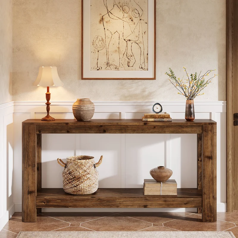 Tribesigns Console en bois massif de 160 cm, Table d'appoint étroite style ferme avec étagère