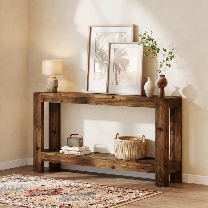 Tribesigns Console en bois massif de 160 cm, Table d'appoint étroite style ferme avec étagère