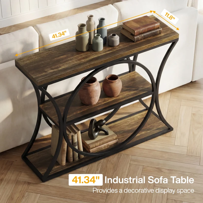 Tribesigns Console industrielle de 105 cm, Table d'appoint à 3 niveaux avec structure arquée