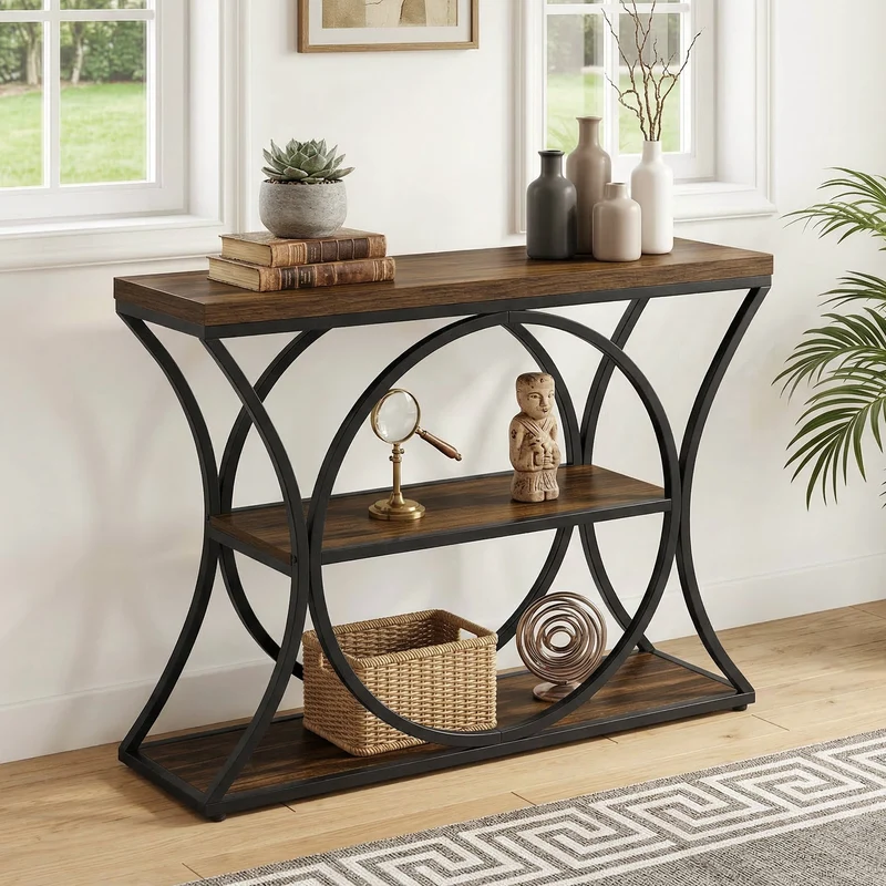 Tribesigns Console industrielle de 105 cm, Table d'appoint à 3 niveaux avec structure arquée