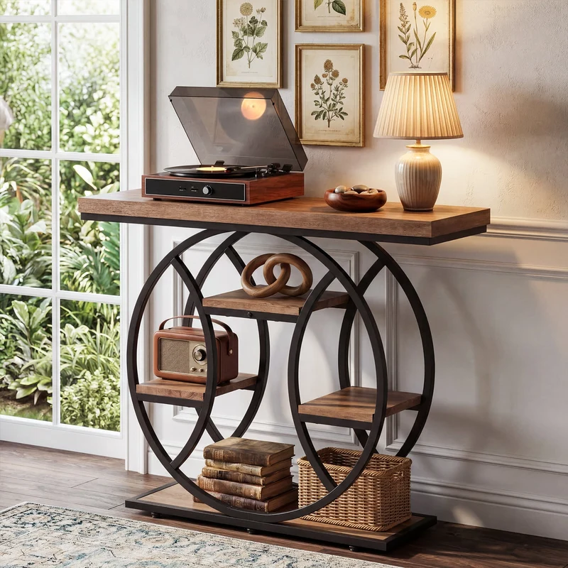 Tribesigns Console de 105 cm, Table d'appoint à 4 niveaux avec cadre rond