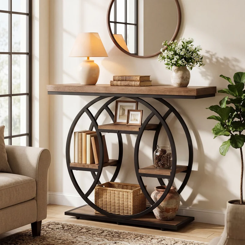 Tribesigns Console de 105 cm, Table d'appoint à 4 niveaux avec cadre rond