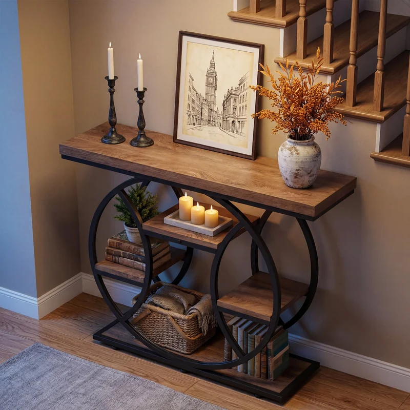 Tribesigns Console de 105 cm, Table d'appoint à 4 niveaux avec cadre rond