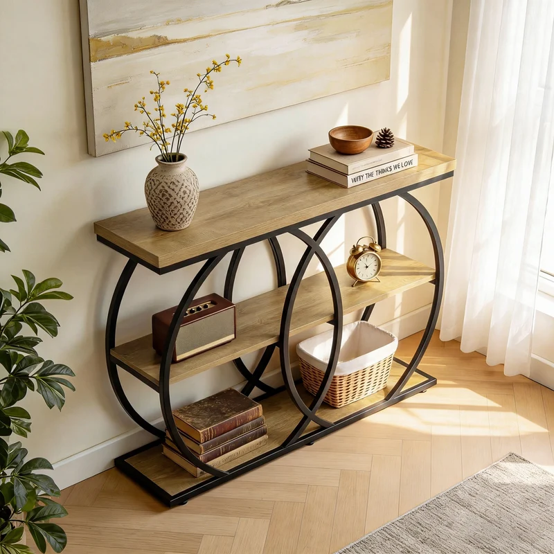 Tribesigns Console industrielle de 105 cm, Table d'appoint à 3 niveaux avec rangement