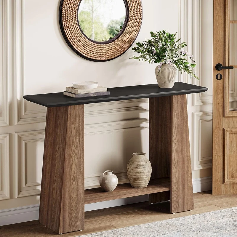 Tribesigns Console de 120 cm, Table d'entrée moderne à 2 niveaux du milieu du siècle en noir et noyer
