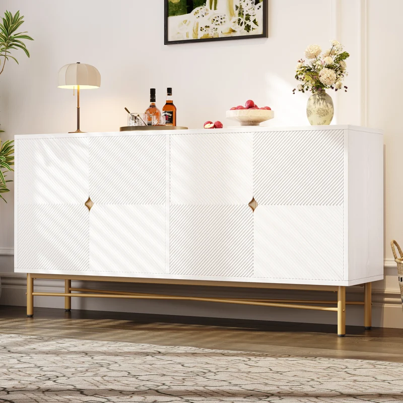 Buffet blanc motifs striés géométriques 4 portes, pieds dorés ALUMINUMBOX