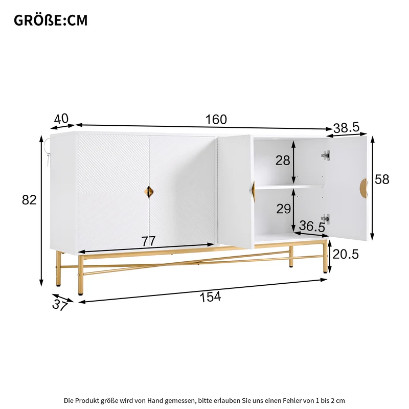 Buffet blanc motifs striés géométriques 4 portes, pieds dorés ALUMINUMBOX