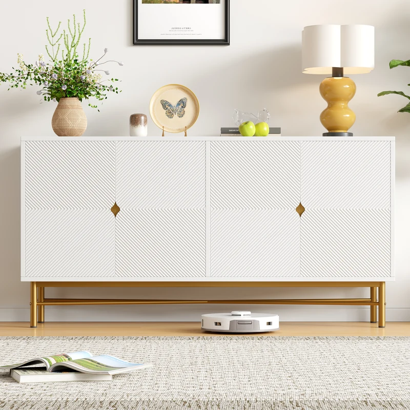 Buffet blanc motifs striés géométriques 4 portes, pieds dorés ALUMINUMBOX