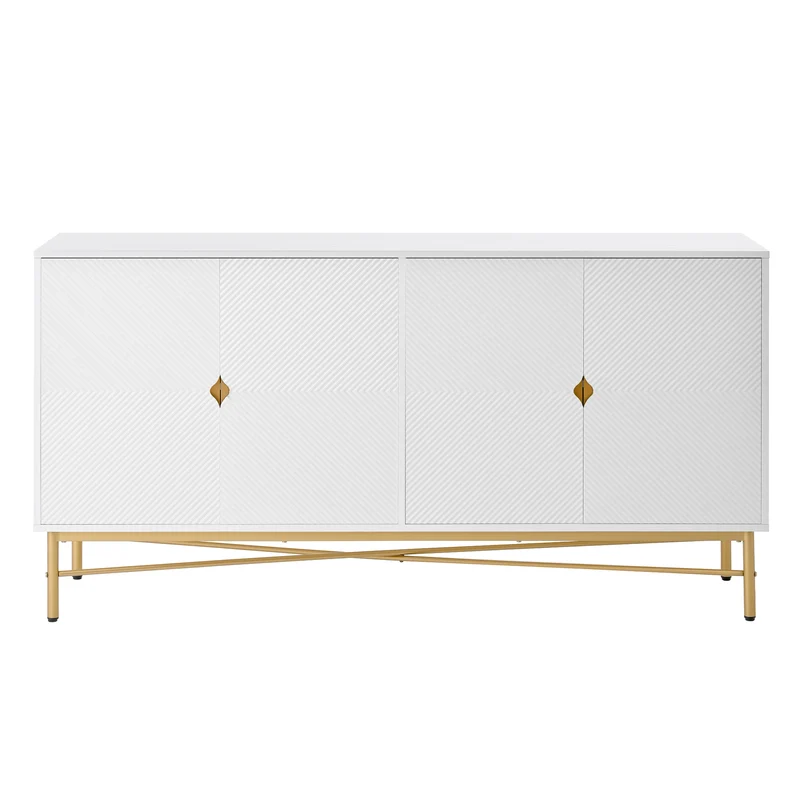 Buffet blanc motifs striés géométriques 4 portes, pieds dorés ALUMINUMBOX
