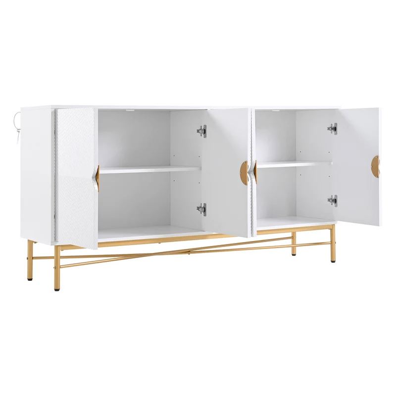 Buffet blanc motifs striés géométriques 4 portes, pieds dorés ALUMINUMBOX