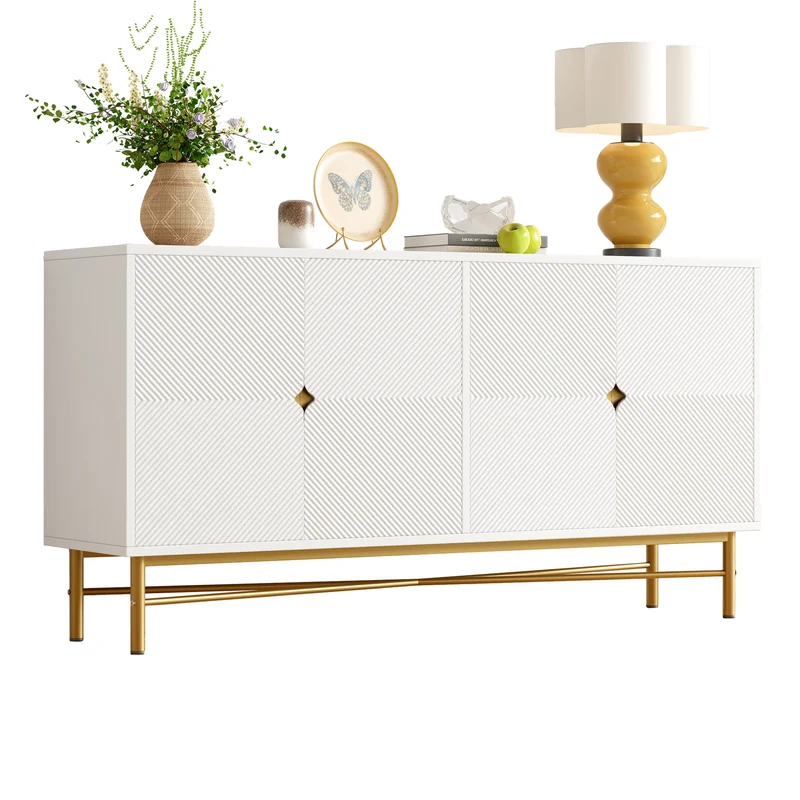 Buffet blanc motifs striés géométriques 4 portes, pieds dorés ALUMINUMBOX