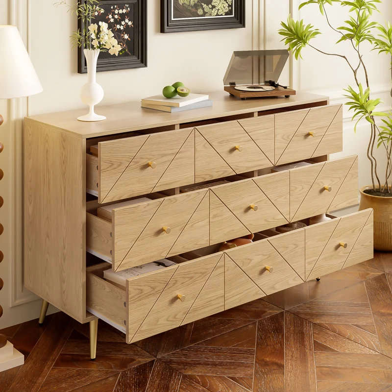 Buffet effet bois motif géométrique et 9 tiroirs accent doré COPAL