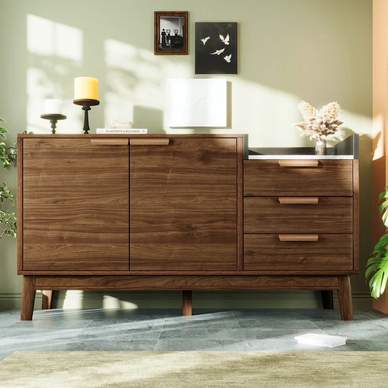 Buffet marron effet bois 2 portes 3 tiroirs effet faux marbre gris blanc GLOBAL