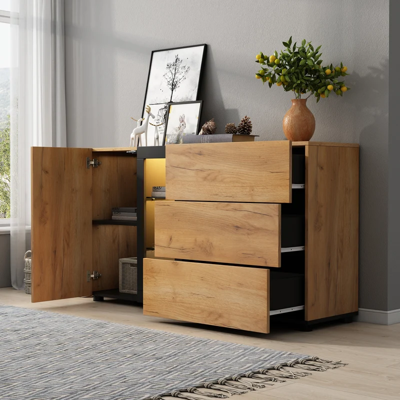 Buffet effet bois avec vitrine éclairage LED 3 tiroirs GHURGAX
