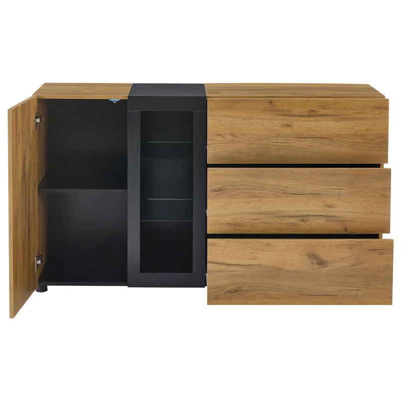 Buffet effet bois avec vitrine éclairage LED 3 tiroirs GHURGAX