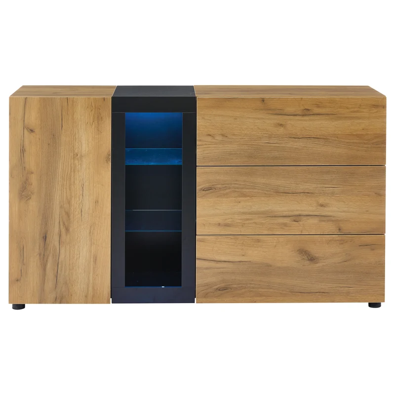 Buffet effet bois avec vitrine éclairage LED 3 tiroirs GHURGAX
