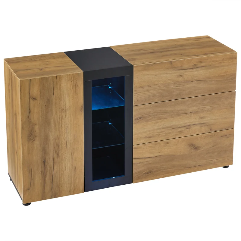 Buffet effet bois avec vitrine éclairage LED 3 tiroirs GHURGAX