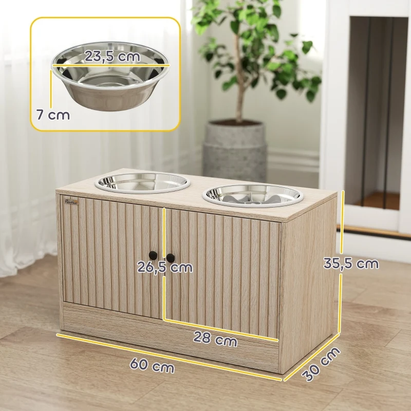 Capering Station d'alimentation pour grands chiens 60x30x35,5 cm – Bois chêne, 2 gamelles inox, rangement intégré